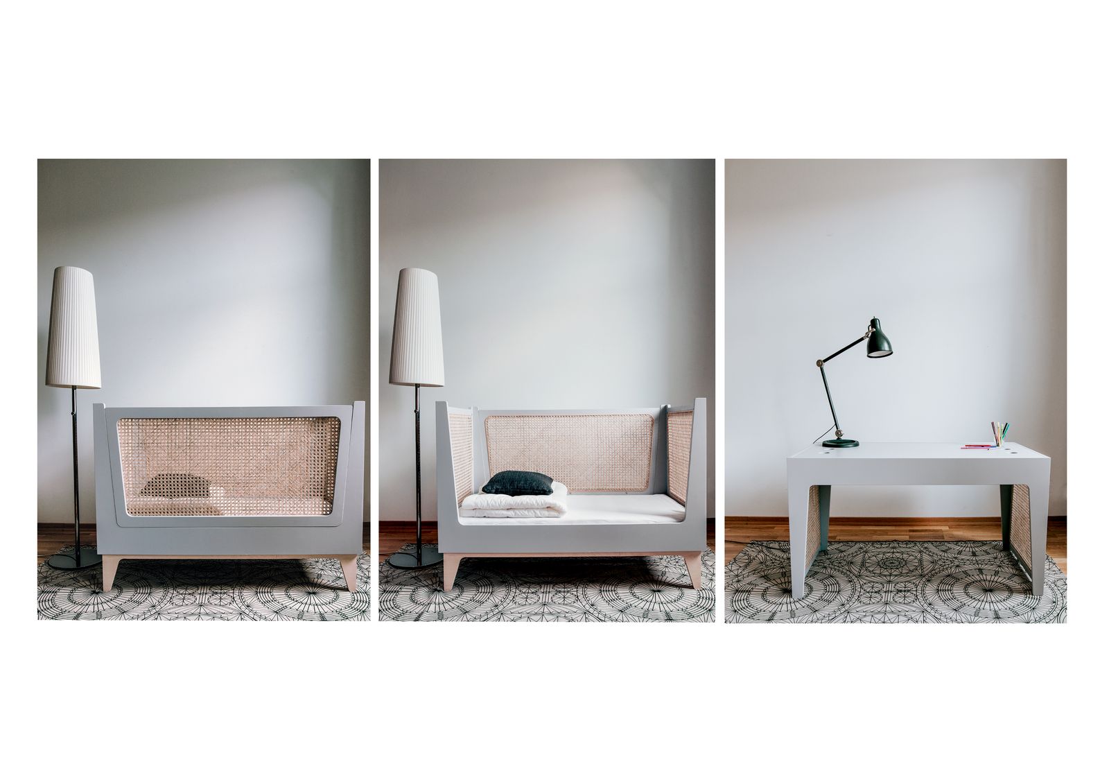 Dreiteilige Bildkomposition: Bett, Geflecht-Detail und Kind — die Geschichte des Produkts in einem Bild